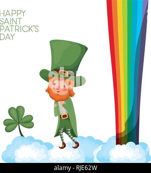 happy saint patrick`s day label with leprechaun and rainbow Stock Vector